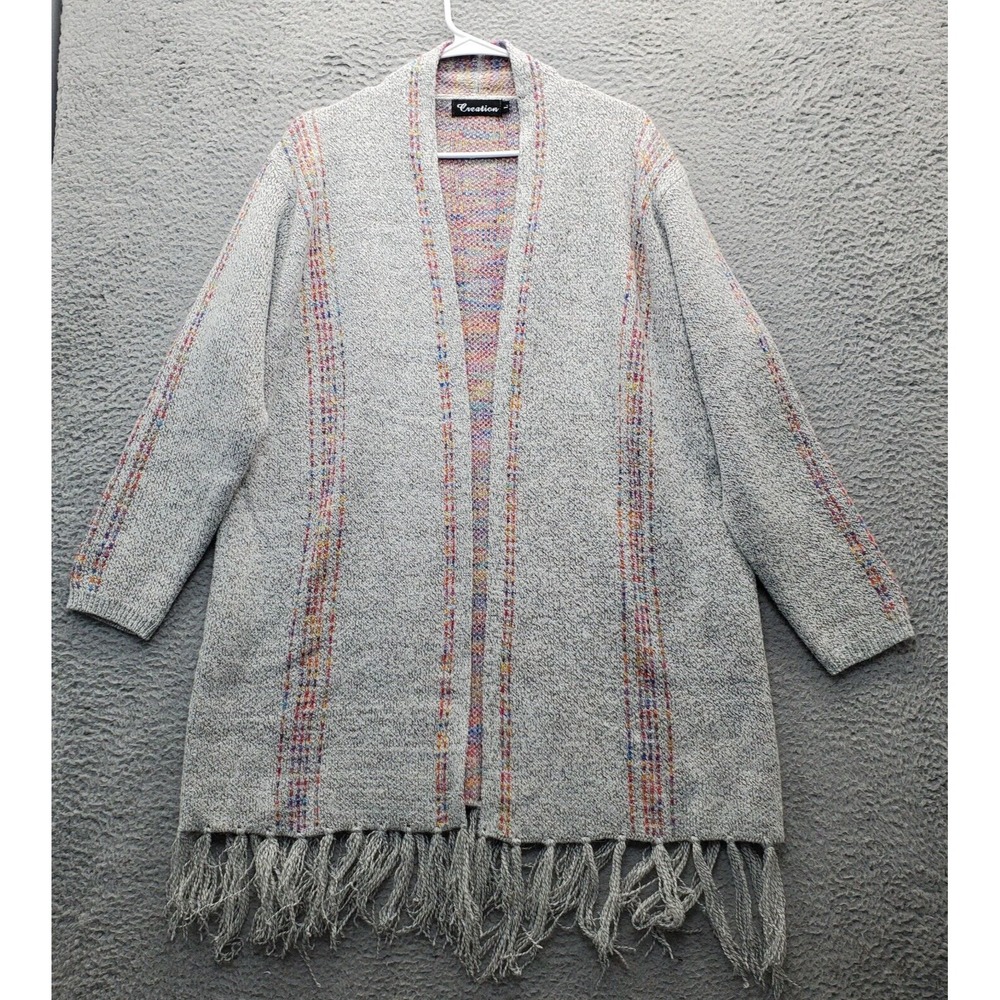 Creation Tassel Cardigan Womens Large Multi Wool Knit Striped Fringe‎ Open Front